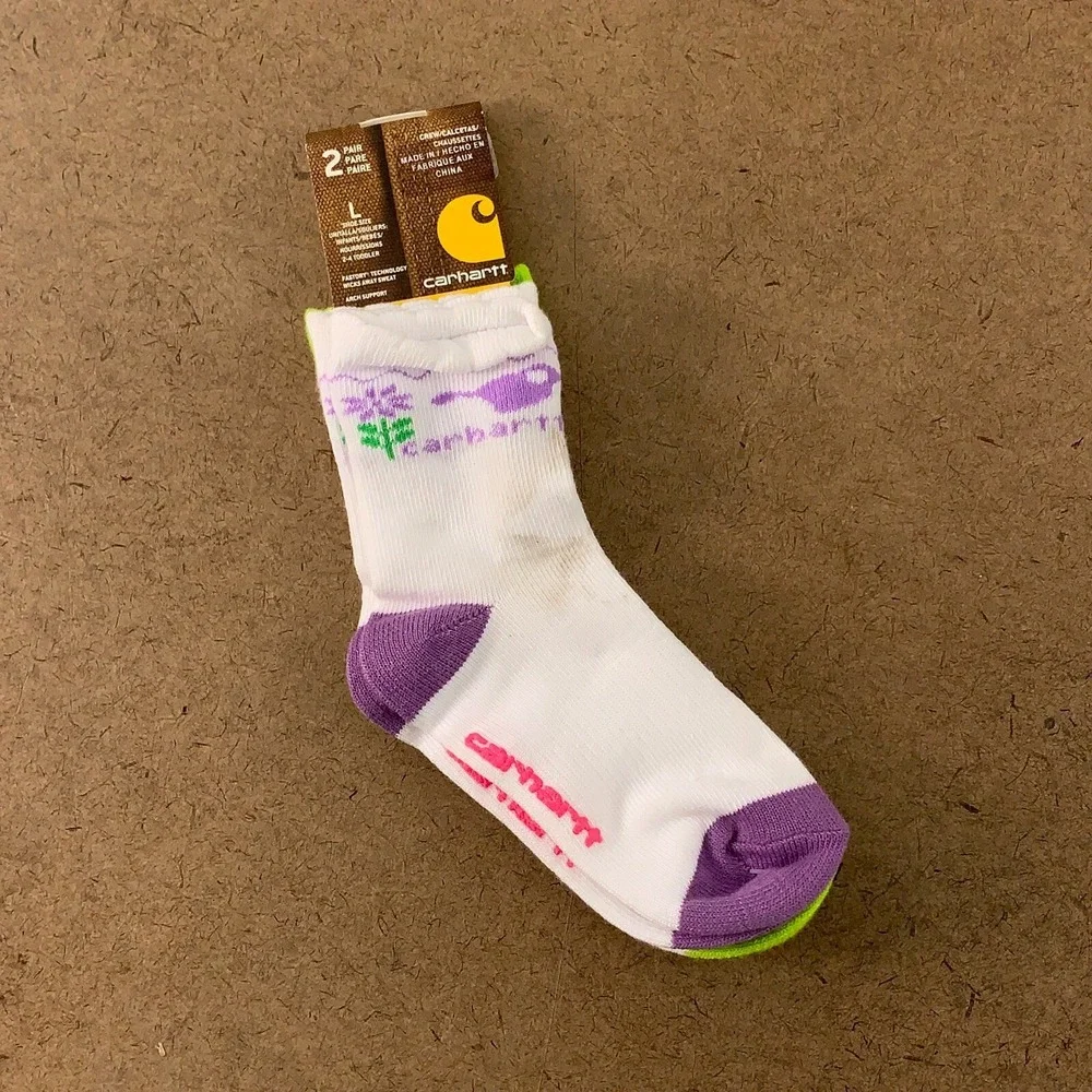 Carhartt Toddler Girls Size Large 2-4 White Graphic 2 Pair Crew Socks NWT